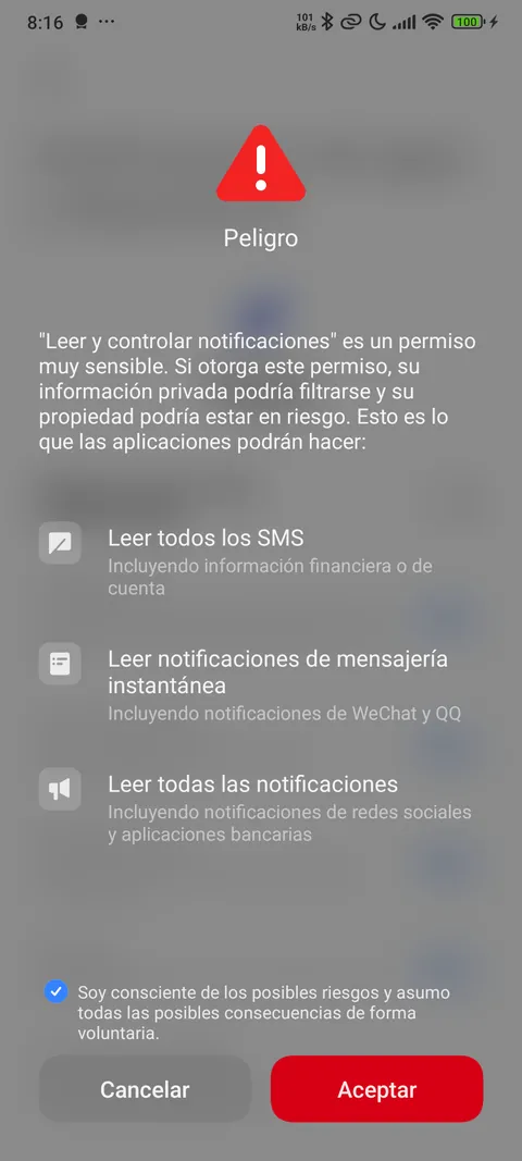 Diálogo de MIUI advirtiendo del riesgo antes de conceder el acceso a notificaciones