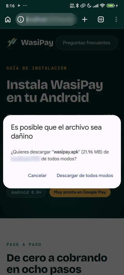 Chrome descargando el APK de WasiPay, con el aviso de descarga visible