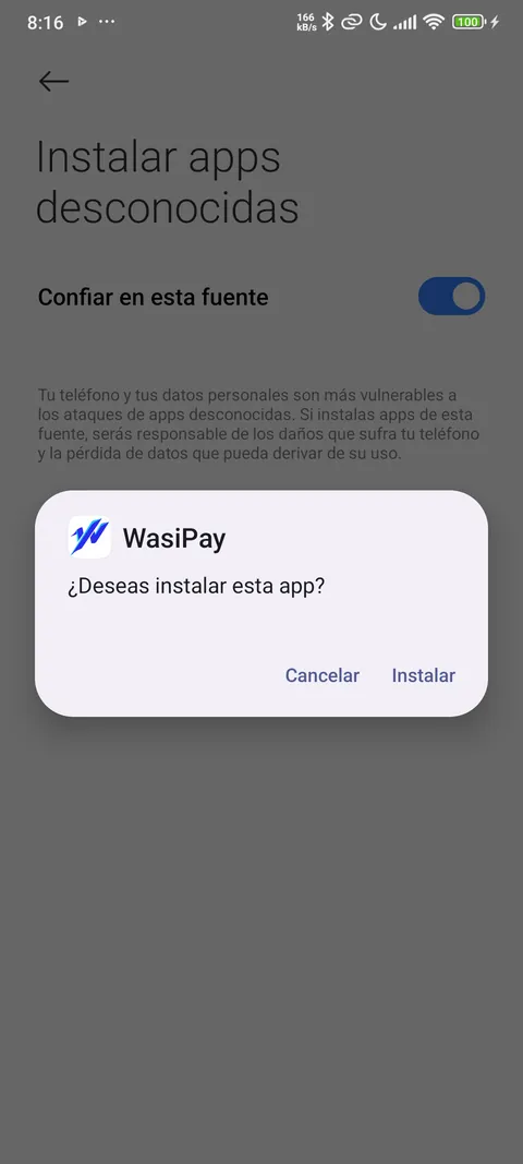Instalador de Android mostrando WasiPay con el botón Instalar