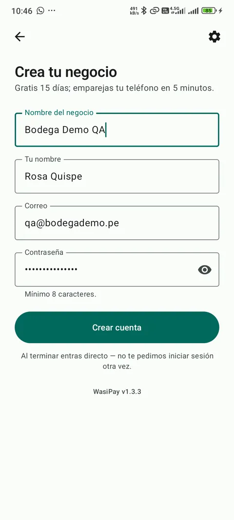 Pantalla de registro de WasiPay con los datos del negocio
