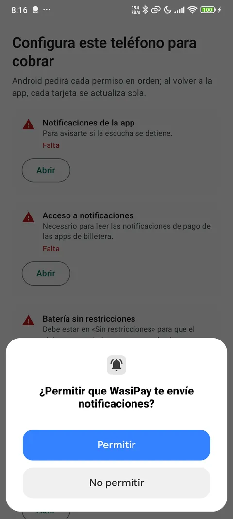 Lista de permisos de WasiPay con las tarjetas pendientes y el diálogo de notificaciones de Android