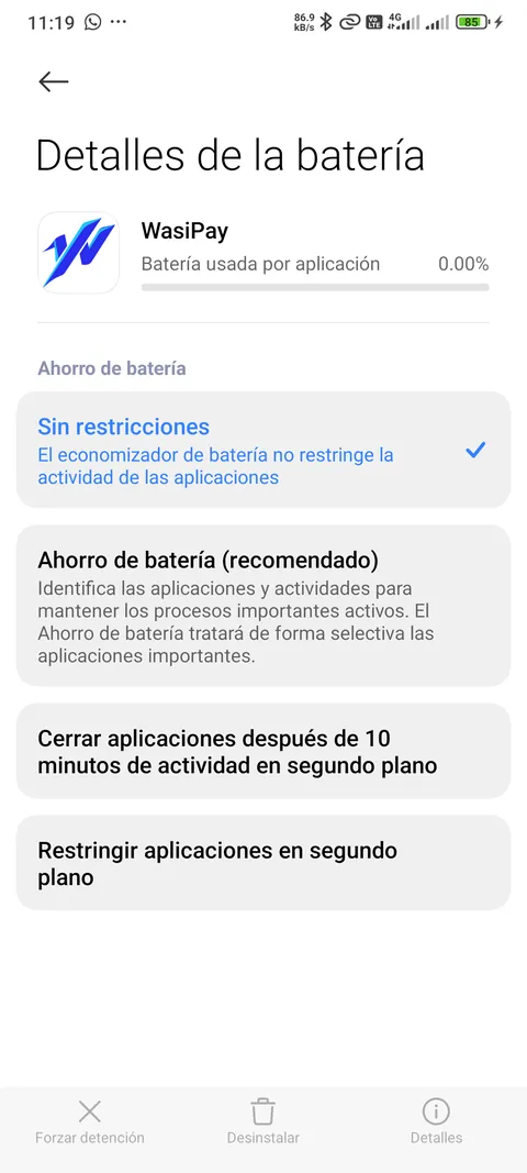 Ajuste de batería de Android con la opción «Sin restricciones» seleccionada