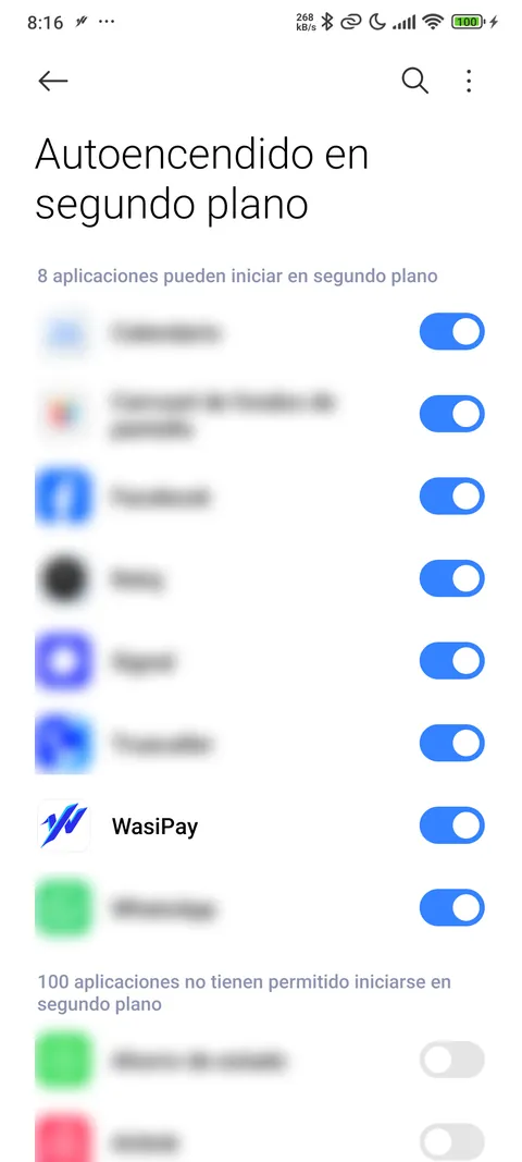 Lista de autoencendido en segundo plano de MIUI con WasiPay activado
