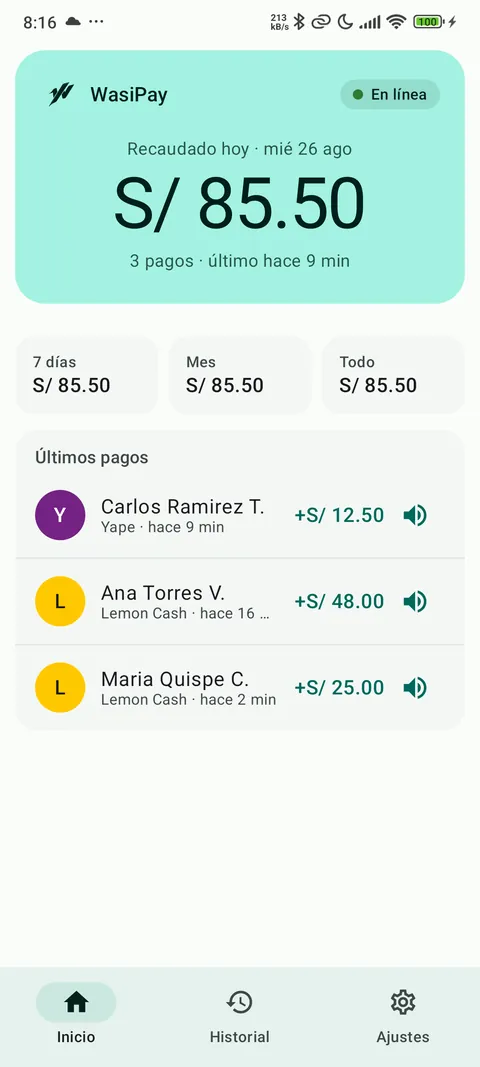Pantalla principal de WasiPay cobrando, con el recaudo del día y los últimos pagos